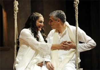 Meera Syal and Bhattacharjee as Beatrice and Benedick in Much Ado
