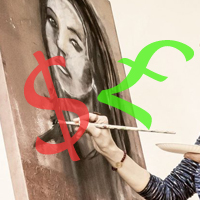 hand painting portrait with dollar and pound signs superimposed