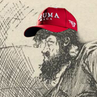 Pap from Huckleberry Finn wearing a MAGA hat